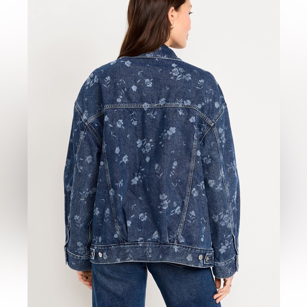 Dark Blue Floral Denim Jacket XL - Picture 3 of 8